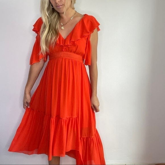 Three Floor Orange Red Ruffle Dress - Picture 2 of 10